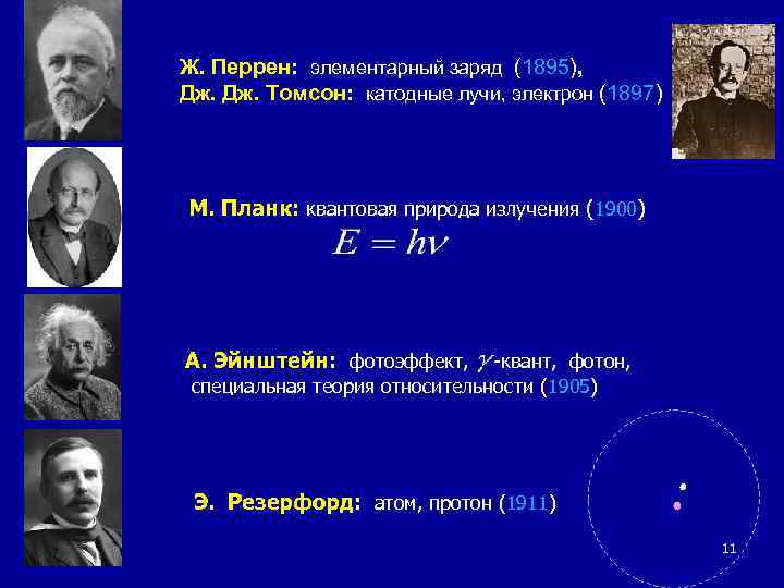 Ж. Перрен: элементарный заряд (1895), Дж. Томсон: катодные лучи, электрон (1897) М. Планк: квантовая