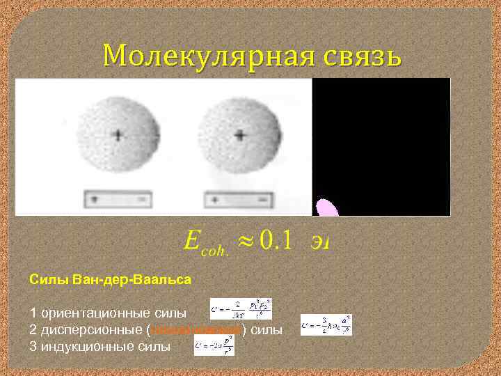 Молекулярная связь Силы Ван-дер-Ваальса 1 ориентационные силы 2 дисперсионные (лондоновские) силы 3 индукционные силы
