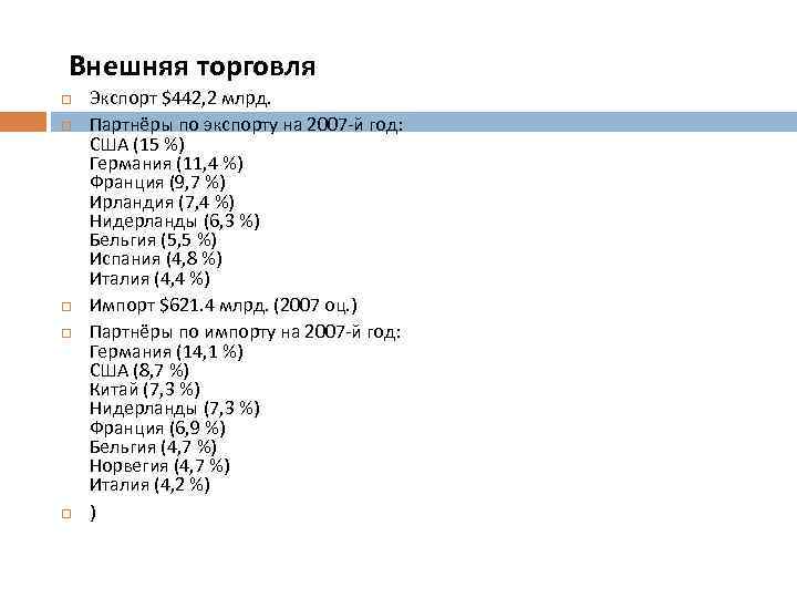 Внешняя торговля Экспорт $442, 2 млрд. Партнёры по экспорту на 2007 -й год: США