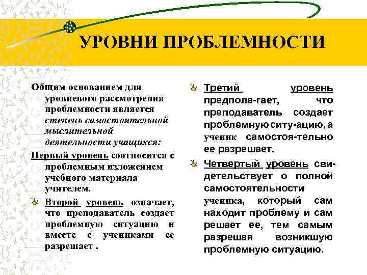 УРОВНИ ПРОБЛЕМНОСТИ Общим основанием для уровневого рассмотрения проблемности является степень самостоятельной мыслительной деятельности учащихся: