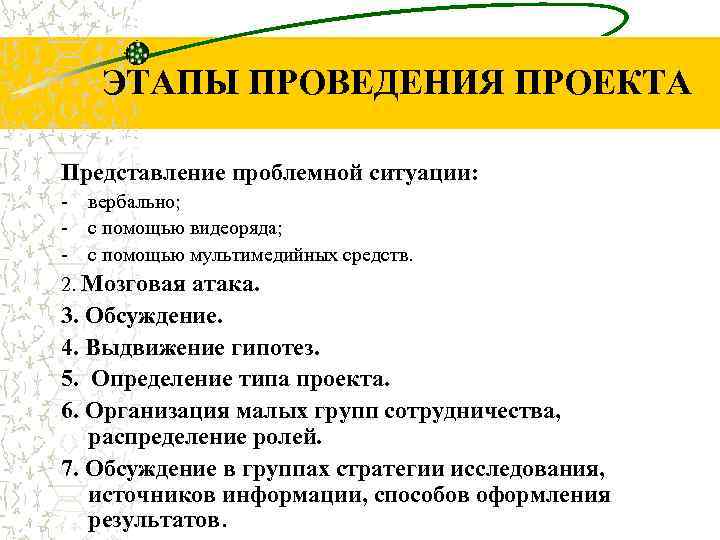 ЭТАПЫ ПРОВЕДЕНИЯ ПРОЕКТА Представление проблемной ситуации: - вербально; - с помощью видеоряда; - с