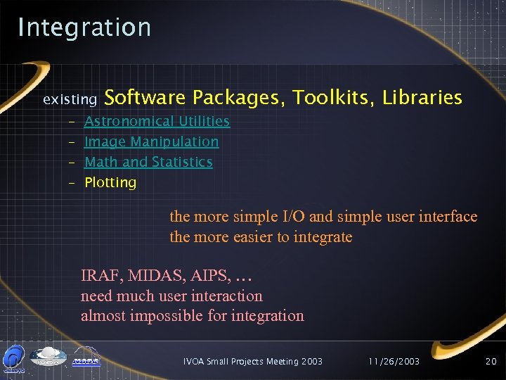 Integration existing – – Software Packages, Toolkits, Libraries Astronomical Utilities Image Manipulation Math and