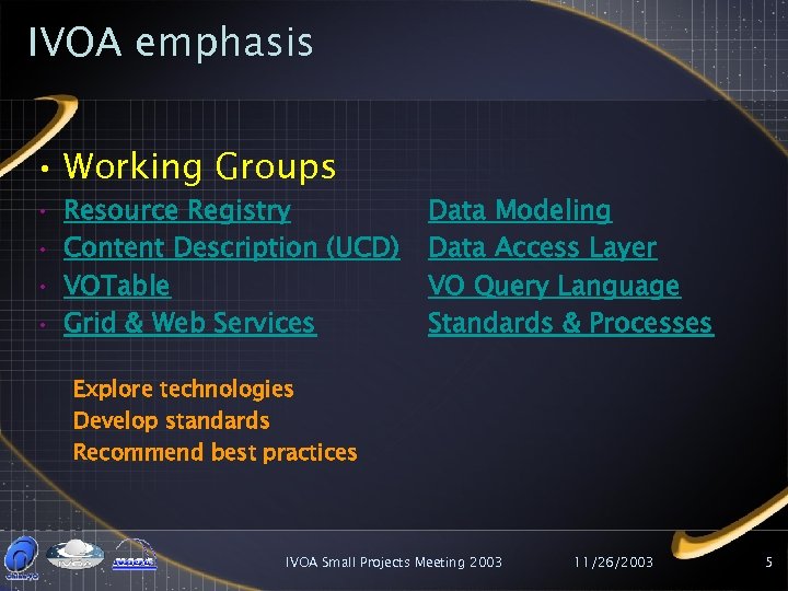 IVOA emphasis • Working Groups • • Resource Registry Content Description (UCD) VOTable Grid