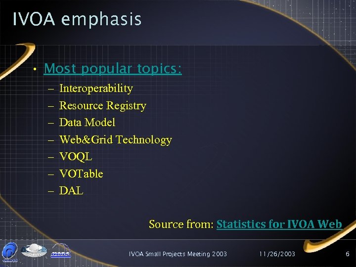 IVOA emphasis • Most popular topics: – – – – Interoperability Resource Registry Data