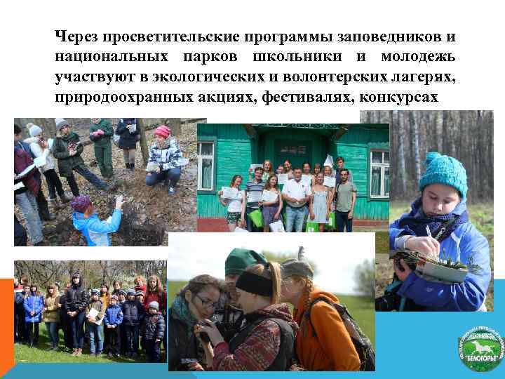 Через просветительские программы заповедников и национальных парков школьники и молодежь участвуют в экологических и