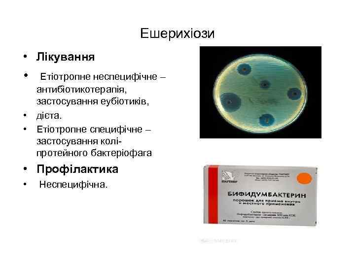 Ешерихіози • Лікування • Етіотропне неспецифічне – антибіотикотерапія, застосування еубіотиків, • дієта. • Етіотропне