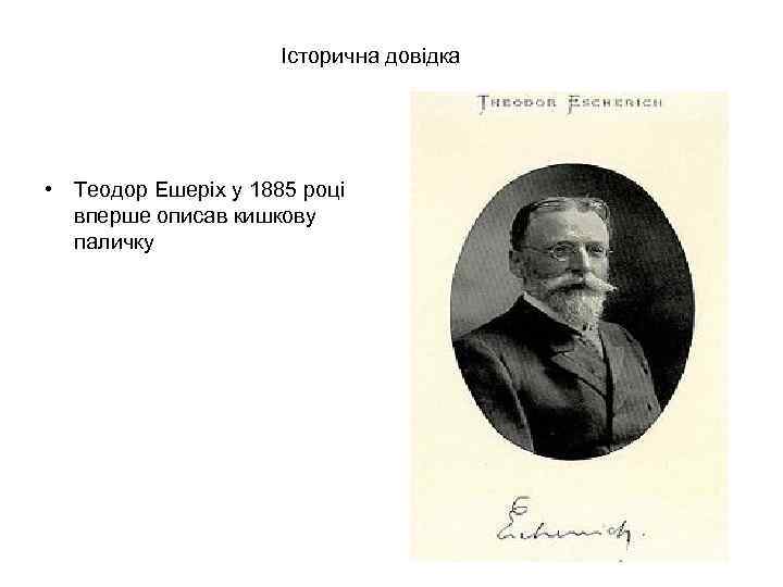 Історична довідка • Теодор Ешеріх у 1885 році вперше описав кишкову паличку 