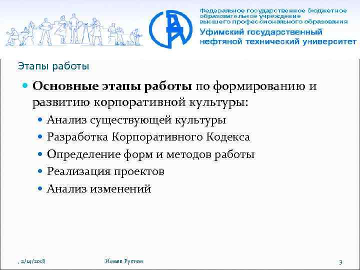 Этапы работы Основные этапы работы по формированию и развитию корпоративной культуры: Анализ существующей культуры