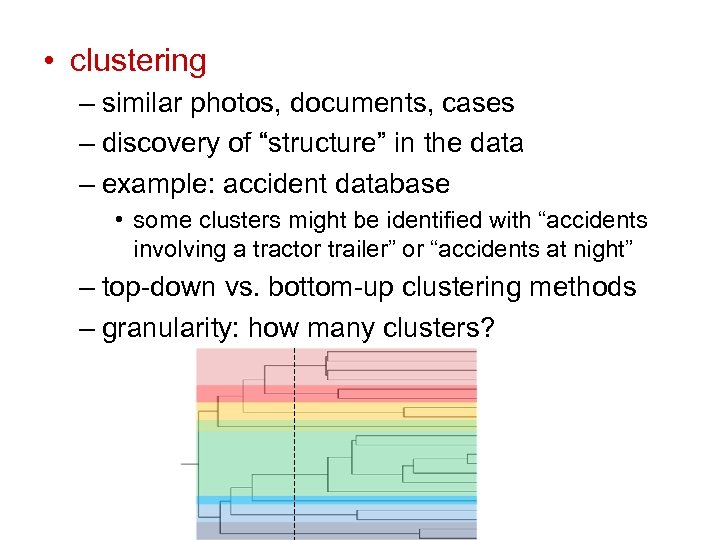  • clustering – similar photos, documents, cases – discovery of “structure” in the