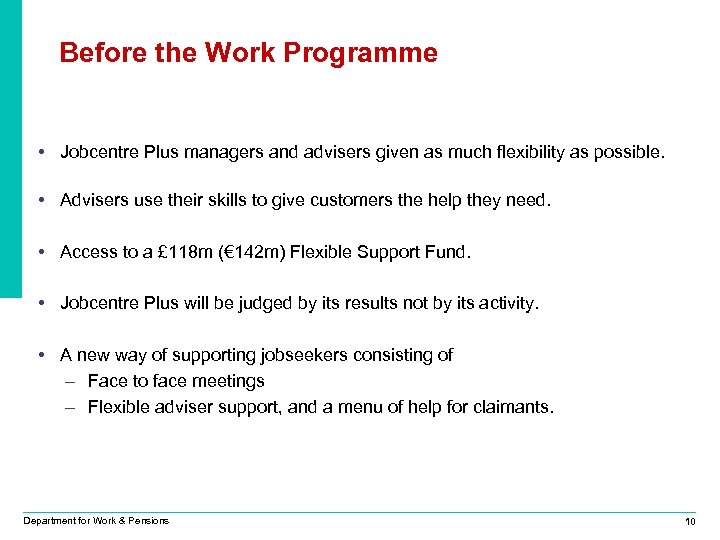 Before the Work Programme • Jobcentre Plus managers and advisers given as much flexibility