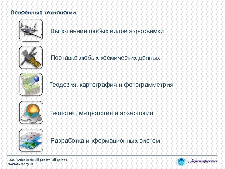 Освоенные технологии Выполнение любых видов аэросъемки Поставка любых космических данных Геодезия, картография и фотограмметрия