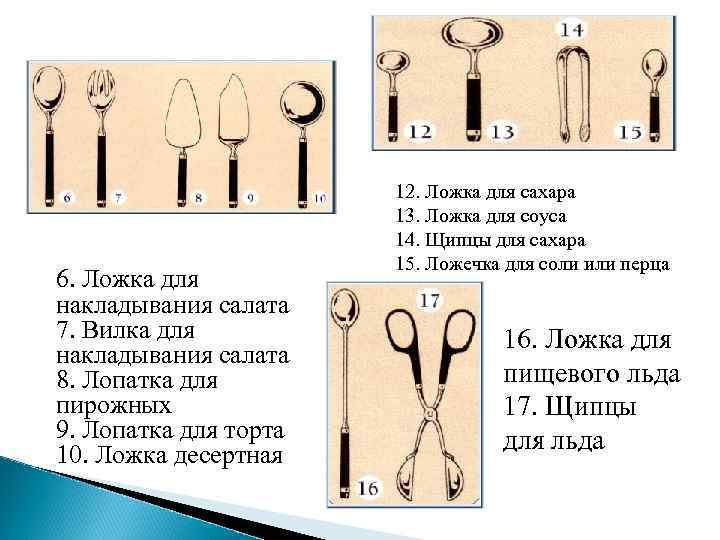 6. Ложка для накладывания салата 7. Вилка для накладывания салата 8. Лопатка для пирожных