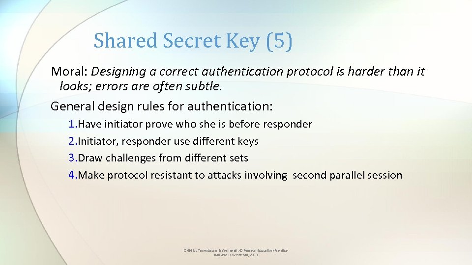 Shared Secret Key (5) Moral: Designing a correct authentication protocol is harder than it