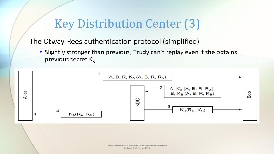 Key Distribution Center (3) The Otway-Rees authentication protocol (simplified) • Slightly stronger than previous;