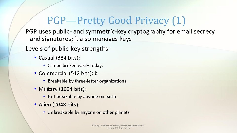 PGP—Pretty Good Privacy (1) PGP uses public- and symmetric-key cryptography for email secrecy and