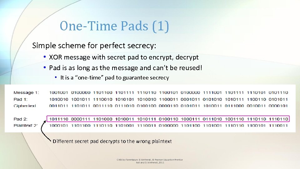 One-Time Pads (1) Simple scheme for perfect secrecy: • XOR message with secret pad