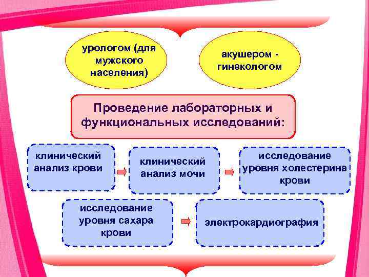 урологом (для мужского населения) акушером гинекологом Проведение лабораторных и функциональных исследований: клинический анализ крови