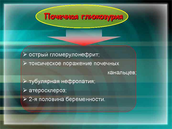 Ø острый гломерулонефрит; Ø токсическое поражение почечных канальцев; Ø тубулярная нефропатия; Ø атеросклероз; Ø