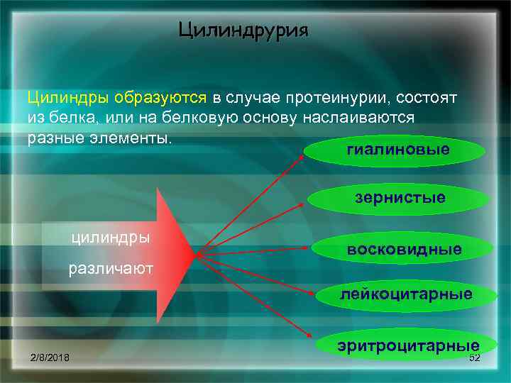 Цилиндрурия Цилиндры образуются в случае протеинурии, состоят из белка, или на белковую основу наслаиваются