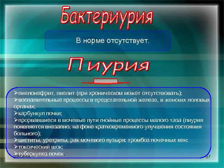 В норме отсутствует. Øпиелонефрит, пиелит (при хроническом может отсутствовать); Øвоспалительные процессы в предстательной железе,