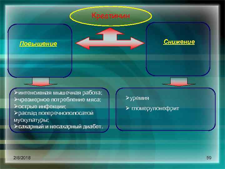 Креатинин Снижение Повышение Øинтенсивная мышечная работа; Øчрезмерное потребление мяса; Øострые инфекции; Øраспад поперечнополосатой мускулатуры;