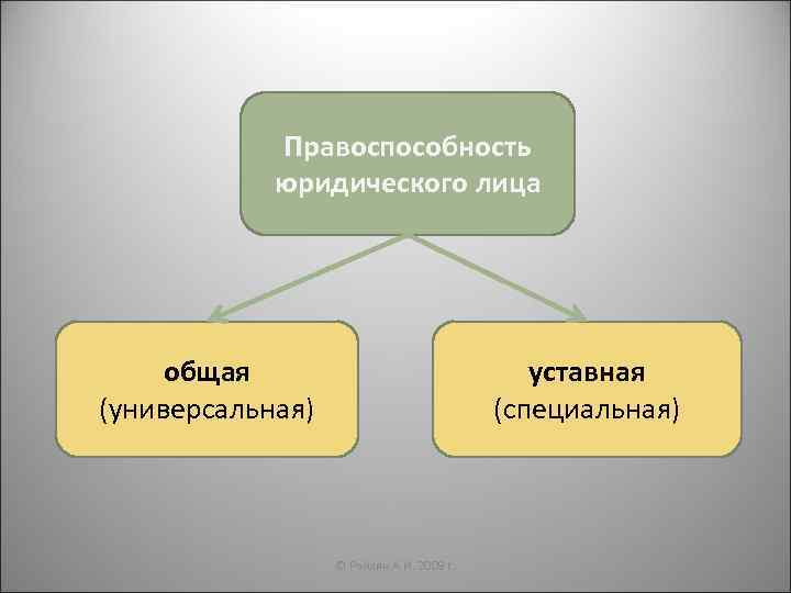 Правоспособность юридического лица общая (универсальная) уставная (специальная) © Райлян А. И. 2009 г. 