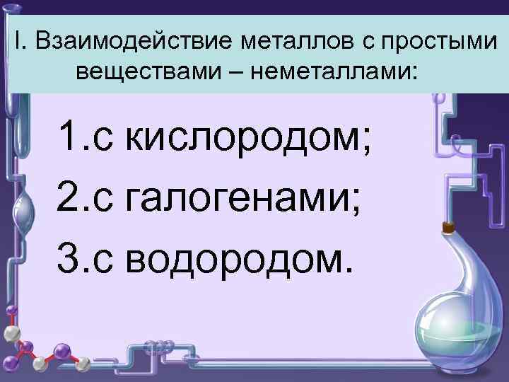 I. Взаимодействие металлов с простыми веществами – неметаллами: 1. с кислородом; 2. с галогенами;