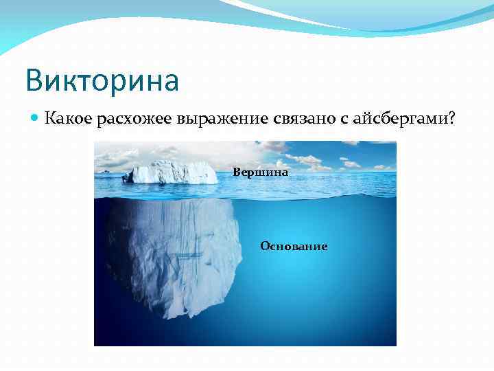 Викторина Какое расхожее выражение связано с айсбергами? Вершина Основание 