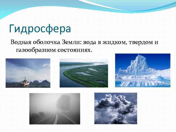 Гидросфера Водная оболочка Земли: вода в жидком, твердом и газообразном состояниях. 