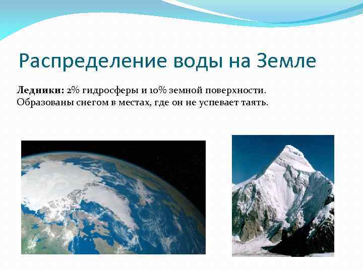 Распределение воды на Земле Ледники: 2% гидросферы и 10% земной поверхности. Образованы снегом в