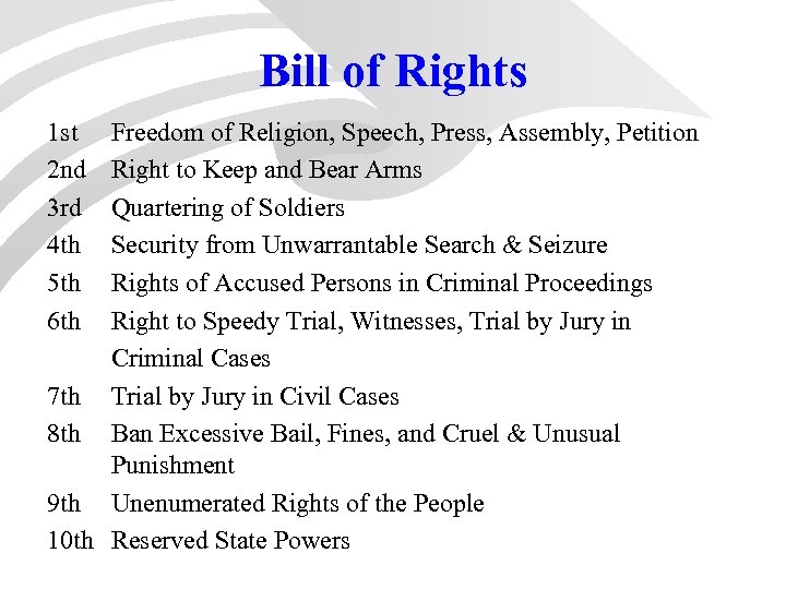 Bill of Rights 1 st 2 nd 3 rd 4 th 5 th 6