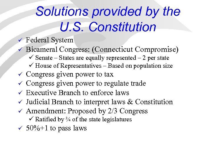 Solutions provided by the U. S. Constitution ü ü Federal System Bicameral Congress: (Connecticut