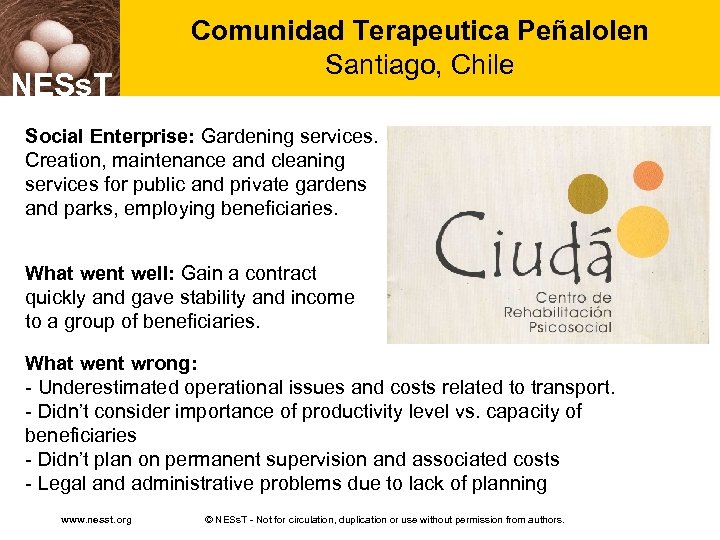 NESs. T Comunidad Terapeutica Peñalolen Santiago, Chile Social Enterprise: Gardening services. Creation, maintenance and