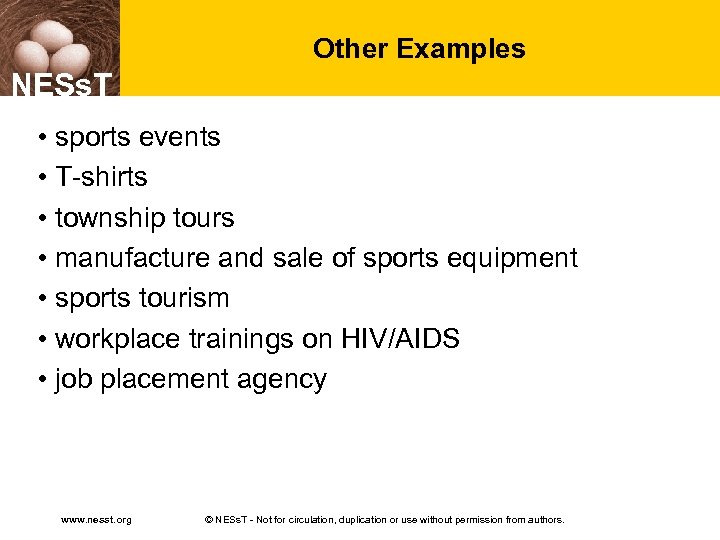Other Examples NESs. T • sports events • T-shirts • township tours • manufacture