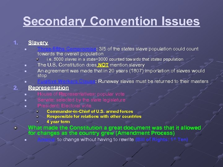 Secondary Convention Issues 1. Slavery n Three-fifths Compromise: 3/5 of the states slave population