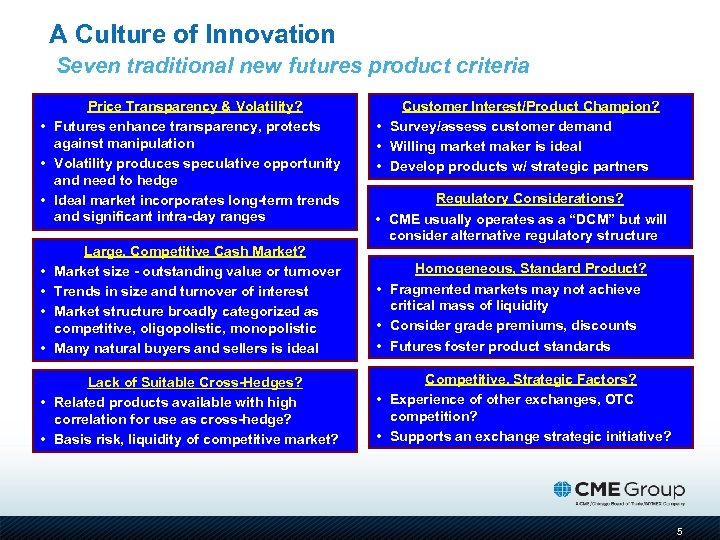 A Culture of Innovation Seven traditional new futures product criteria Price Transparency & Volatility?