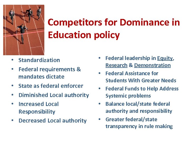 Competitors for Dominance in Education policy • Standardization • Federal requirements & mandates dictate