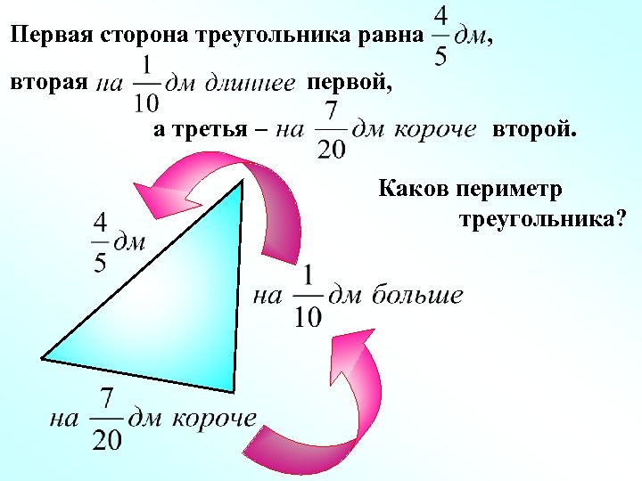 Первая сторона треугольника равна вторая , первой, а третья – второй. Каков периметр треугольника?