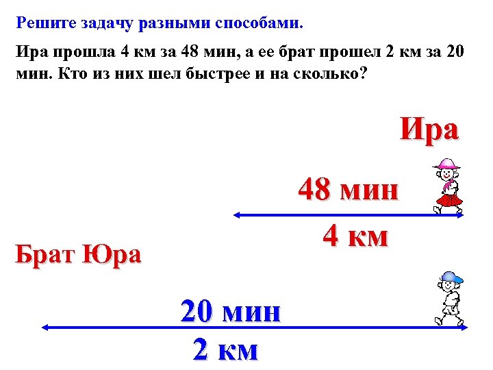 Решите задачу разными способами. Ира прошла 4 км за 48 мин, а ее брат