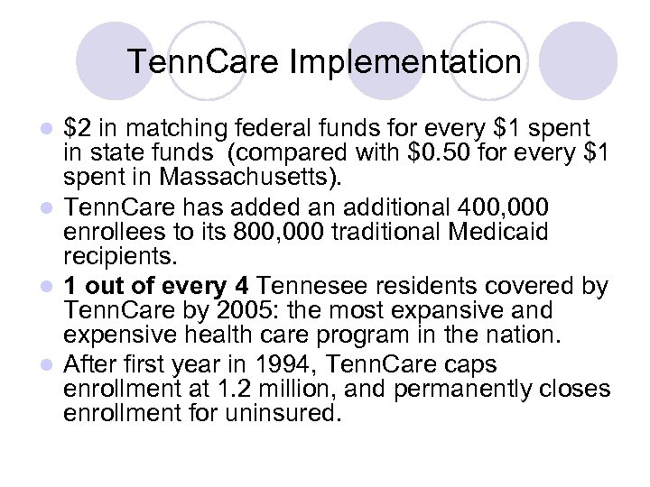 Tenn. Care Implementation $2 in matching federal funds for every $1 spent in state