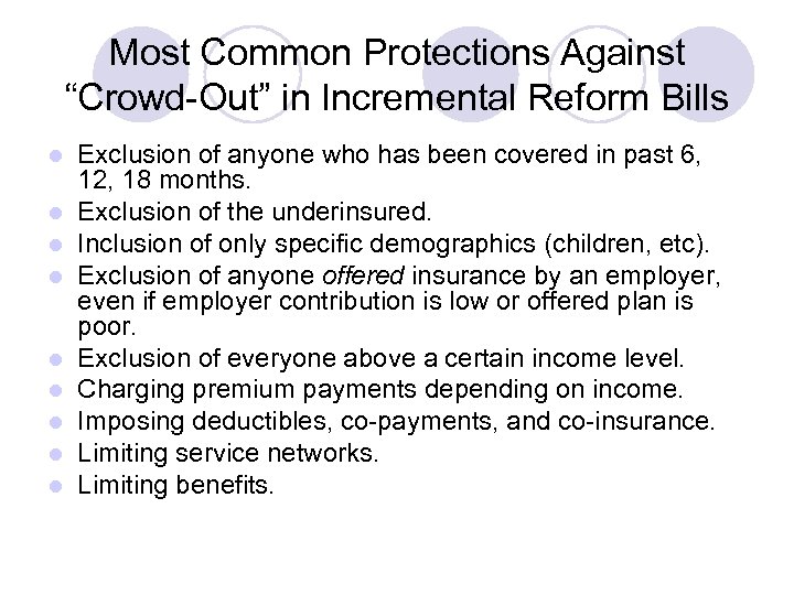 Most Common Protections Against “Crowd-Out” in Incremental Reform Bills l l l l l