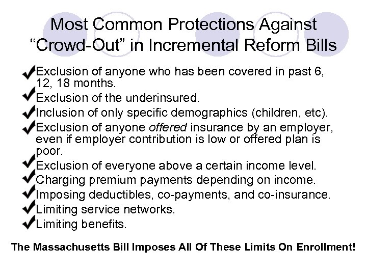 Most Common Protections Against “Crowd-Out” in Incremental Reform Bills l l l l l