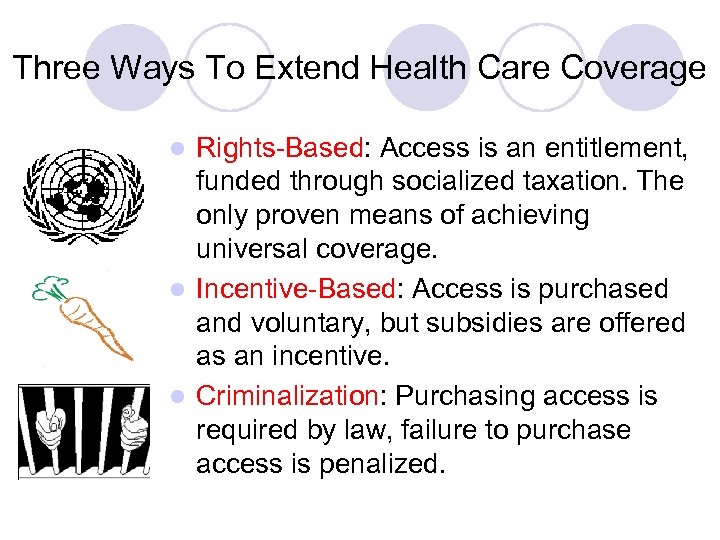 Three Ways To Extend Health Care Coverage Rights-Based: Access is an entitlement, funded through