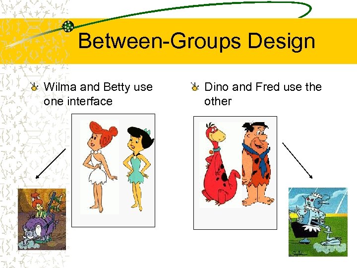 Between-Groups Design Wilma and Betty use one interface Dino and Fred use the other