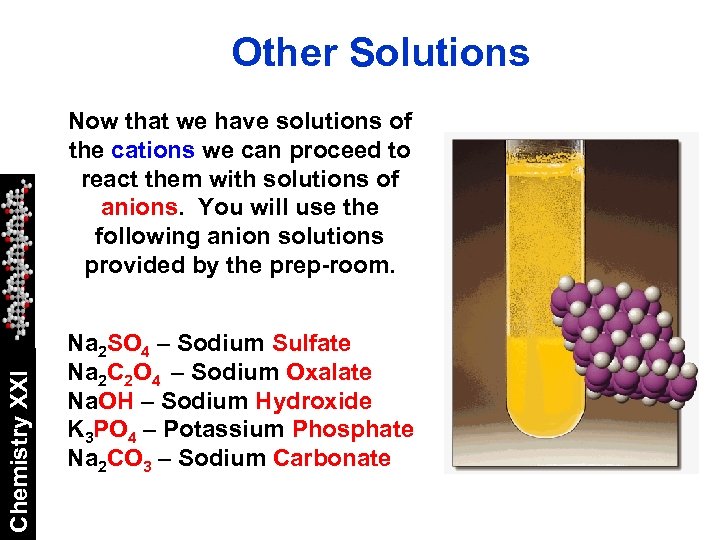 Other Solutions Chemistry XXI Now that we have solutions of the cations we can