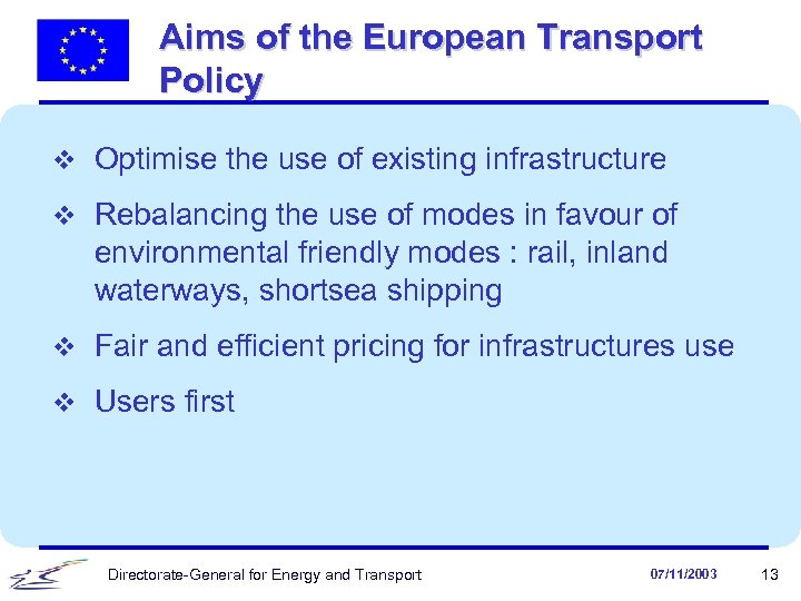 Aims of the European Transport Policy v Optimise the use of existing infrastructure v