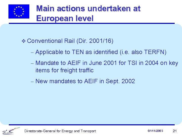 Main actions undertaken at European level v Conventional Rail (Dir. 2001/16) - Applicable to