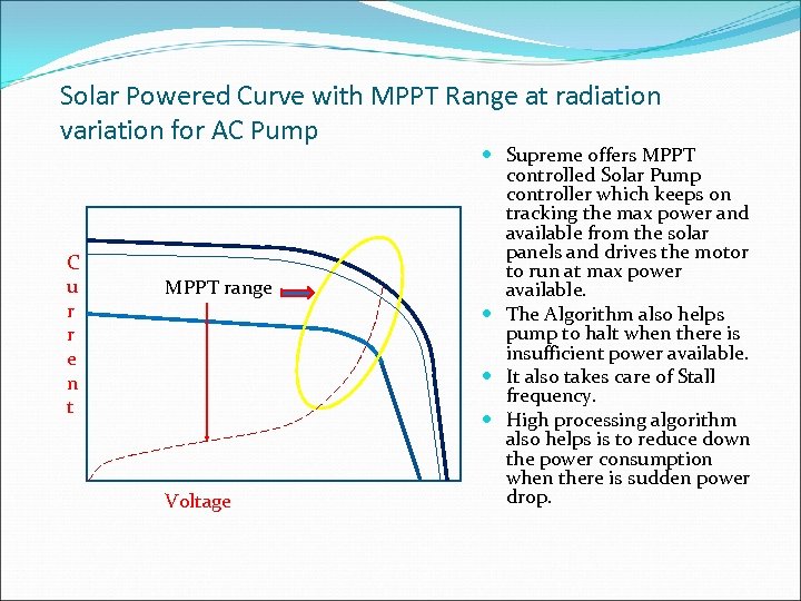 Solar Powered Curve with MPPT Range at radiation variation for AC Pump C u