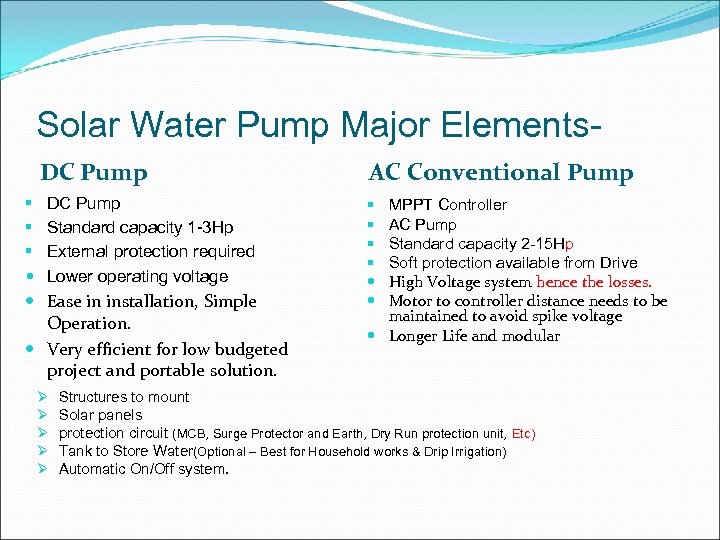 Solar Water Pump Major Elements- DC Pump § § § DC Pump Standard capacity