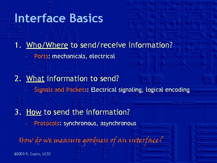Interface Basics 1. Who/Where to send/receive information? – Ports: mechanicals, electrical 2. What information